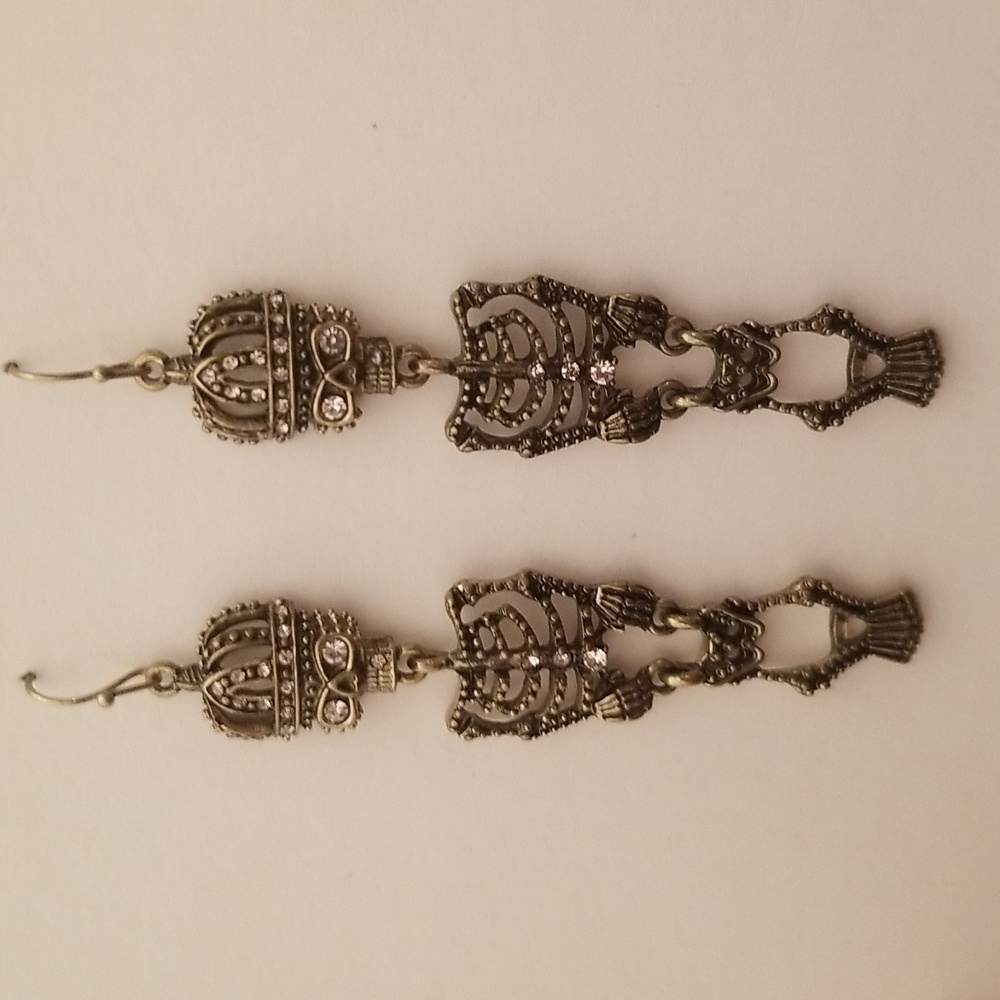 Betsey Johnson Skeleton with crown earrings brass & rhinestones